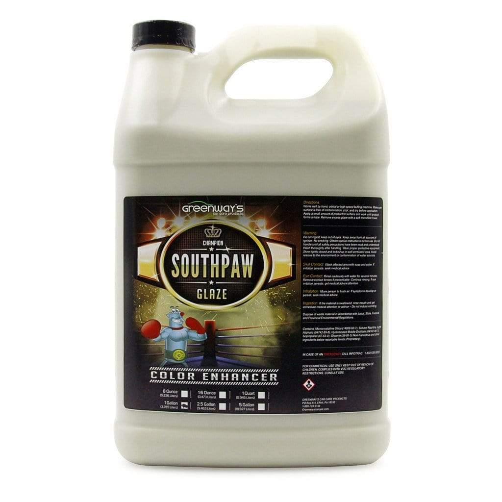   Greenway’s Southpaw Glaze, fills minor marks and scratches, creates hard, durable, glossy, swirl-free finish, 1 gallon.