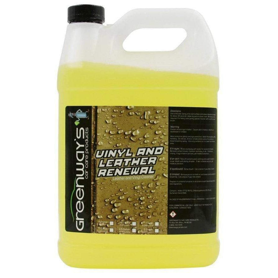 Greenway’s Vinyl and Leather Renewal, gentle car interior cleaner, will not stain or fade leather, 1 gallon.