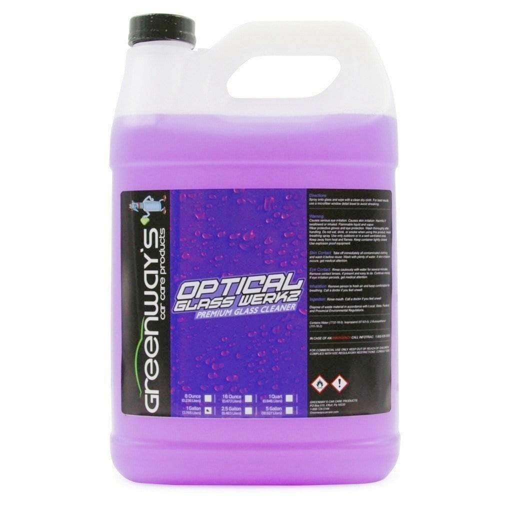  Greenway’s Optical Glass Werkz, grape scented streak-free liquid glass cleaner, factory tint safe, ammonia-free. 1 gallon.