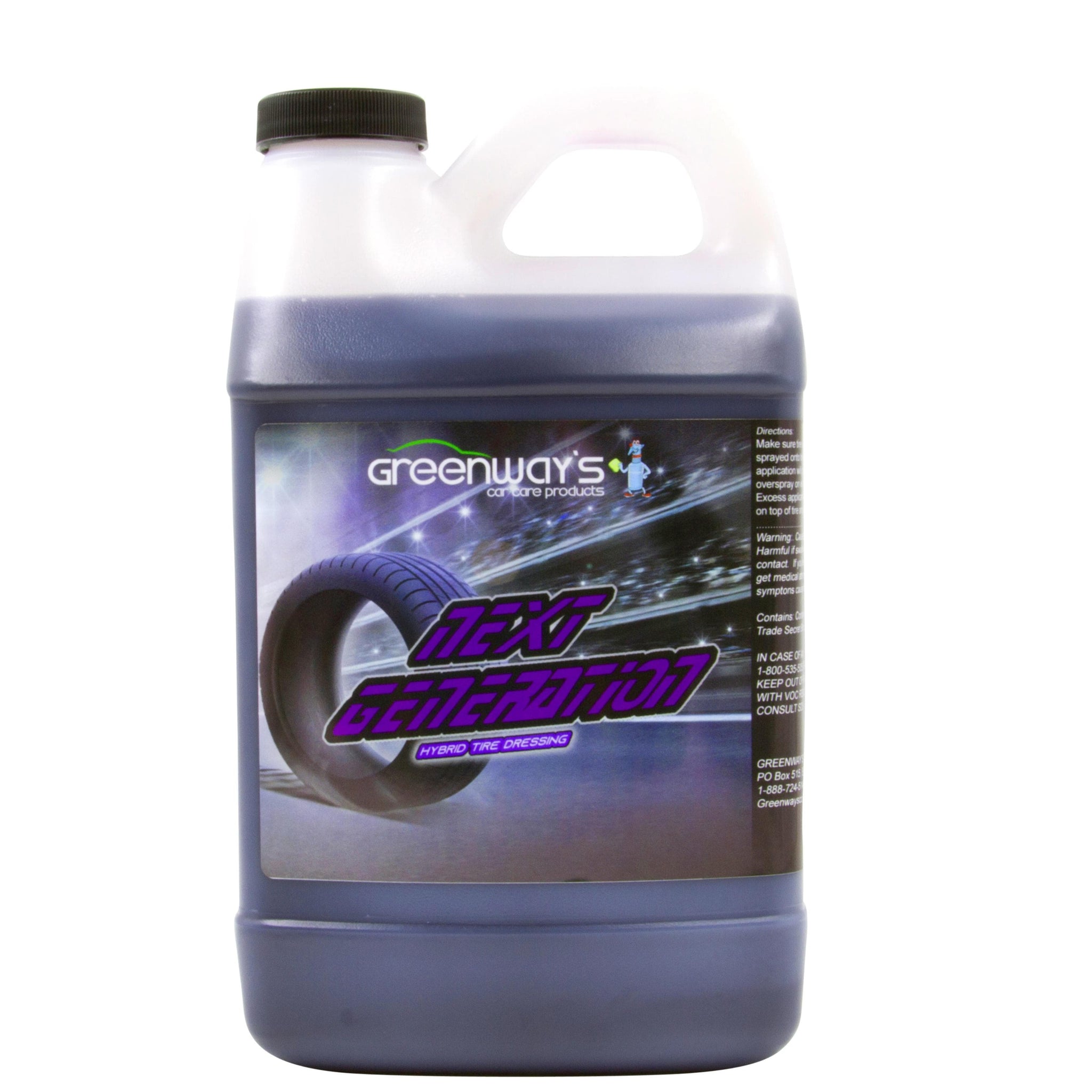 Greenway’s Next Generation Tire Dressing, high gloss shine, excellent leveling property, silicone and sling-free. 64 ounces.
